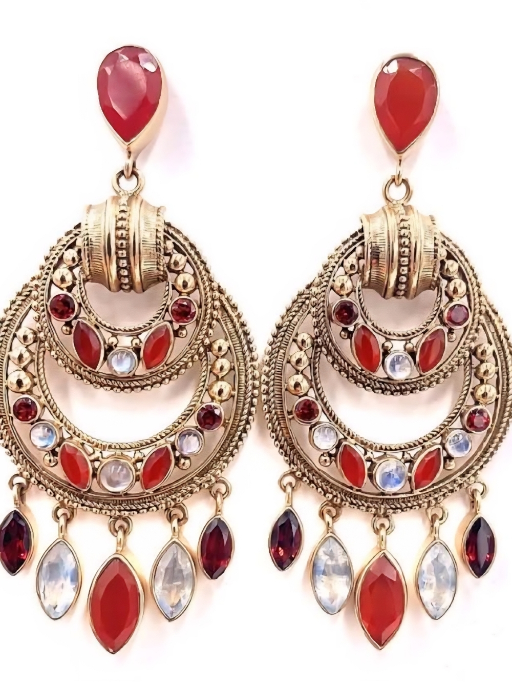 Nicky Butler Designer Gold-Tone Chandelier Earrings Carnelian Garnet Moonstone
